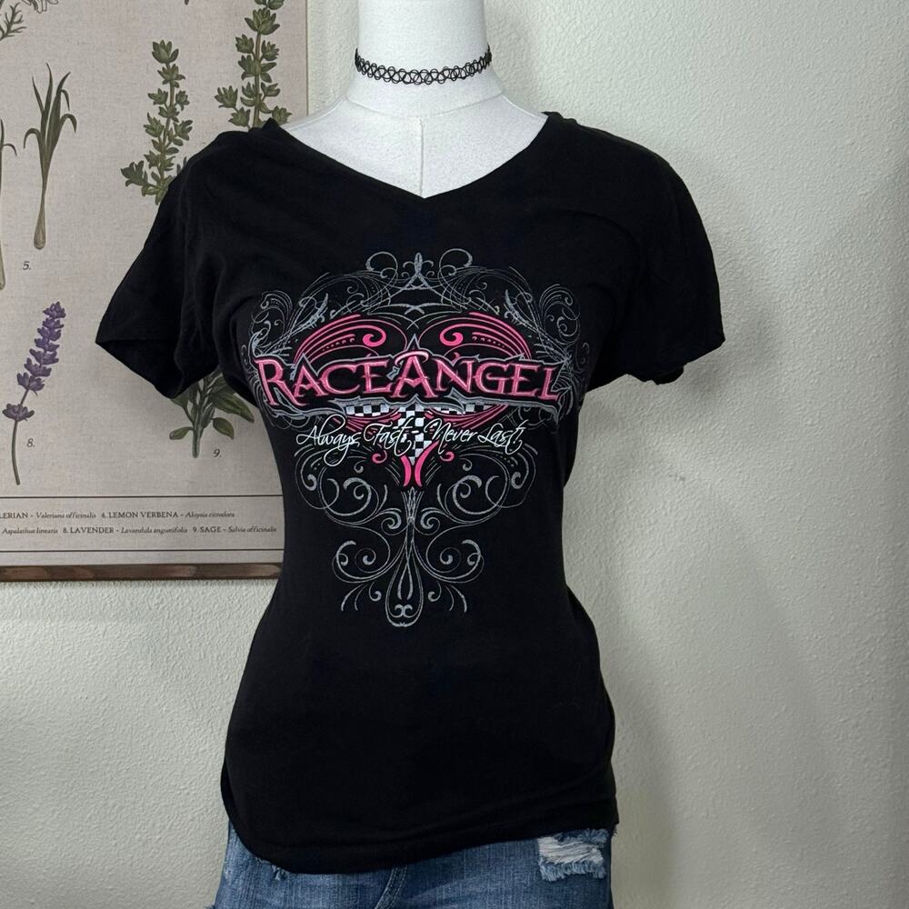Y2k Race Angel Always Fast Never Last Glitter Graphic Baby Tee McBling Trashy L
